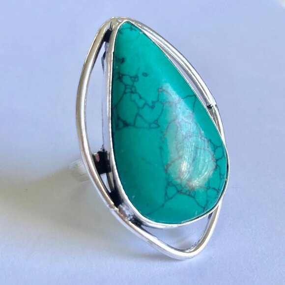 Silver Boho Faux Turquoise Cocktail Ring Size 8 Aqua Blue Stone Simulated Plated - Picture 7 of 9